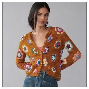 EUC Tach Clothing Crochet Granny Square Cardigan Brown Floral Anthropologie MED